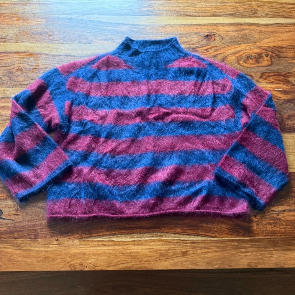J.Crew Brushed Cashmere Rollneck Sweater Navy Burgundy Stripe CO329 Women M NWOT - Picture 2 of 14